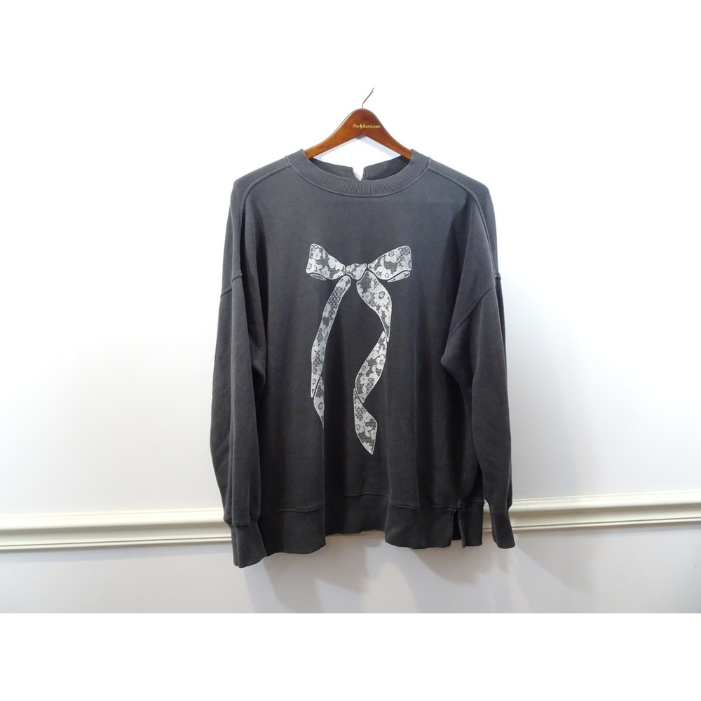 Aerie Women Gray Lace Bow Graphic Sweatshirt Keyhole Back Oversized Small Comfy